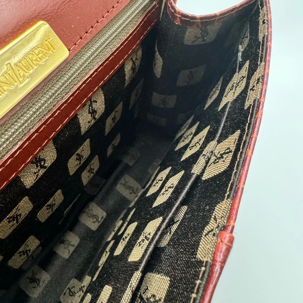 YSL Croc Embossed Whipstitch Baguette Shoulder Bag Cognac Gold Hardware - Picture 12 of 12